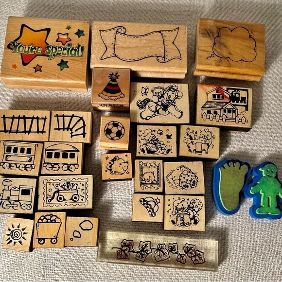 Vintage 26 Piece LOT of WOOD MOUNT RUBBER STAMPS Mixed New And Used Trains/Bears - Picture 2 of 3